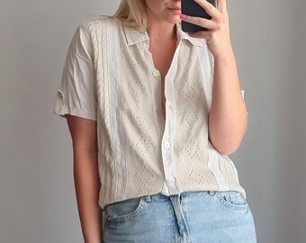 Kanten linnen blouse, beige boho shirt met korte mouwen