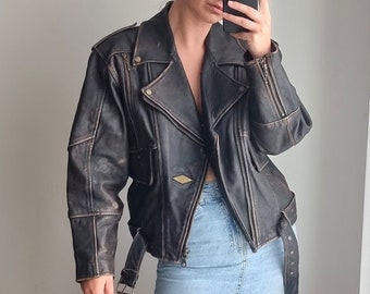 Oversized Distressed Brown Real Leather Jacket / Authentic Leather Jacket / 1950's Jacket / Leather Motorcycle Jacket / Leather Biker Jacket