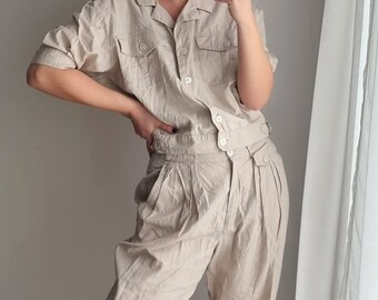 Beige Linen Suit / Safari Style Linen Blazer / Crop Linen Blazer / Linen Blazer / Beige Linen Pants Suit / Linen Suit / Safari Style Pants