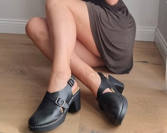 Wedge Clogs / Platform Chunky Heels / Leather Clogs / Black Leather Clogs / Chunky Heel Sandals / Leather Boho Sandals / Bohemian Sandals