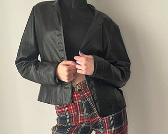 90's Leather Jacket / Black Leather Coat / Black Oversized Leather Jacket / Short Leather Jacket / Leather Blazer / Minimal Leather Blazer