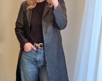 Veste en cuir véritable noir / Manteau en cuir véritable / Veste à boutons en cuir / Veste en cuir minimaliste / Blazer long en cuir / Manteau long en cuir