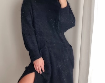 Made in Italy SPORTMAX Black Knitted Dress / Mohair and Wool Blend Dress / Wool Blend Dress / Wool Sweater Dress / Big Pocket Wool Dress