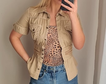 Just Cavalli Safari Style Blouse / Roberto Cavalli / Transparante Blouse / Just Cavalli Top / Cavalli Blouse / Beige Safari Zakken Blouse