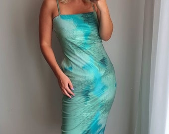 Roberto Cavalli Dress / Roberto Cavalli / Mermaid Dress / Just Cavalli Dress / Cavalli Y2K Dress / Sheer Dress / Aqua Blue Cavalli Dress