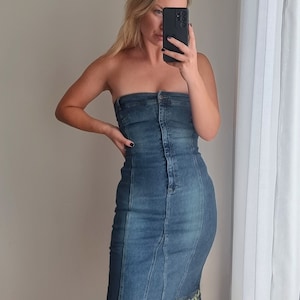 Y2k MANGO Denim Dress / Sleeveless Boho Dress / Long Denim Dress / Denim Corset Dress / Blue Summer Dress / Off Shoulder Long Denim Dress