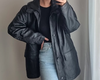 Vintage Black Leather Blazer, Soft Minimalist Jacket, Unisex Size 52