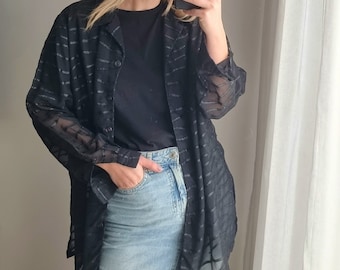 Sheer Black Shirt / Fancy Blouse / Black Shiny Blouse / Black Sheer Blouse / Oversized Black Blouse / See Through Blouse / Black Party Top