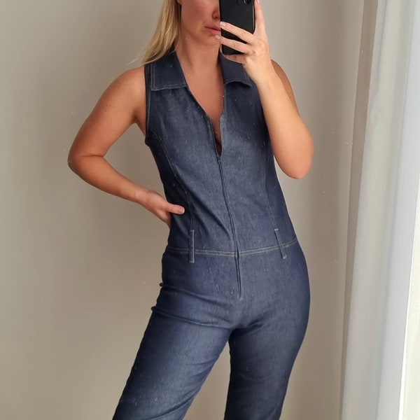 Blue Denim Overall / Denim Jumpsuit / Retro Overalls / Disco Jumpsuit / Hippie Party Sleeveless Jean Pantsuit / Jean Jumpsuit / Bell Bottoms