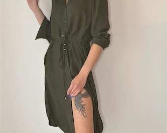 khaki fall dress Khaki Mini Dress with V-Neckline, Flared Sleeves, Ruffle Edges & Adjustable Waist Tie – Zora Dress by EASY CLOTHES – Size M-L main image 1