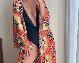 Made in Italy strandkimonojurk met dierenprint / zomerkimonojurk met luipaardprint / strandkimonojurk / kimono met lange mouwen / boho-strandbedekking