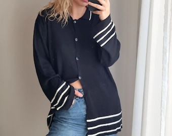 PARADIS Made in France Black Minimal Style Blouse / Collared Blouse / Button Blouse / Striped Blouse / Striped Top / Oversized Shirt Blouse