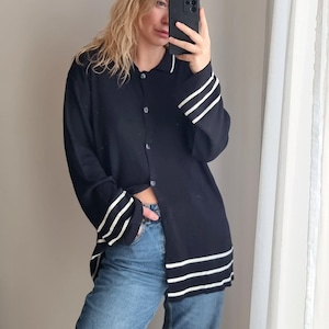 PARADIS Made in France Black Minimal Style Blouse / Collared Blouse / Button Blouse / Striped Blouse / Striped Top / Oversized Shirt Blouse