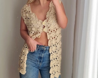 Blusa de flores de ganchillo / Blusa de ganchillo transparente / Blusa de verano de punto / Chaleco de ganchillo Boho / Top de playa de ganchillo / Blusa de flores hippie / Chaleco de punto