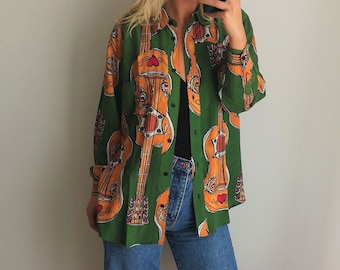 MOSCHINO JEANS Blouse / Moschino Blouse / Designer Blouse / Guitar Print Blouse / Moschino Picasso Print Shirt / Moschino Shirt / Boho Shirt
