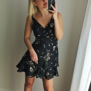 Black Mini Party Dress / Summer Party Dress / Black Chiffon Dress / Black Thin Party Dress / Black Flower Dress / Black Mini Summer Dress