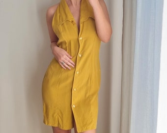 Made in Finland Mustard Color Summer Dress / Yellow Collared Dress / Yellow Summer Dress / Mustard Dress / Pastel Color Dress / Office Dress