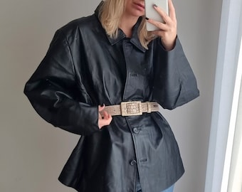 Veste en cuir véritable noir / Manteau en cuir véritable / Veste boutonnée en cuir / Veste en cuir minimaliste / Blazer en cuir surdimensionné / Manteau en cuir