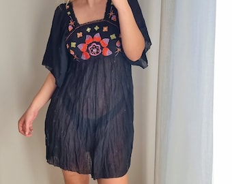 Vintage Bohemian Embroidered Beach Cover Up - Sheer Boho Dress