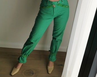Turquoise corduroy pants W27 L27 mom pants blue vintage 90/'s high waist relaxed fit trousers tapered leg women SM