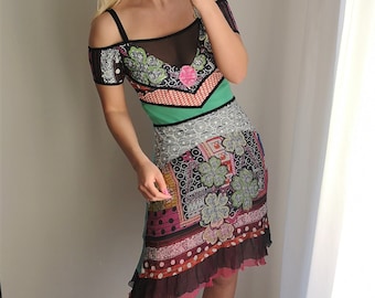 SAVE THE QUEEN Dress / Designer Dress / Layered Imprinted Dress / Y2K Bohemian Dress / Designer Boho Dress / Hippie Dress / Sheer Mesh Dress