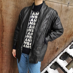 Veste en cuir des années 80 / Manteau en cuir puff sleeve / veste en cuir surdimensionné noir / veste longue en cuir souple / veste en cuir noir vintage