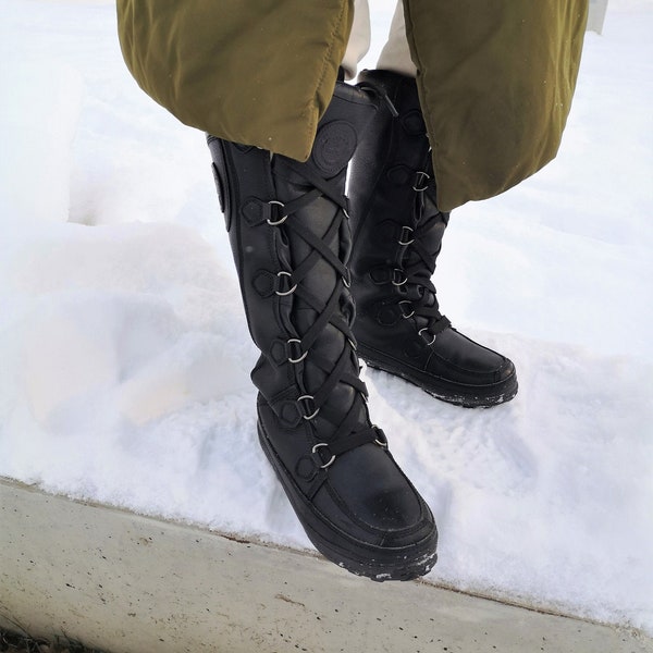 Stivali lunghi in pelle / Stivali in pelle nera / Stivali nordici invernali / Stivali Timberland / Scarpe in pelle pizzo / Scarpe al ginocchio / Stivali lunghi