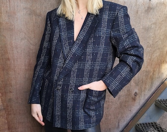 Oversized Jacket / Black Wool Blazer / Black Suit Blazer / Wool Blend Jacket / Textured Jacket / Checkered Jacket / Black Checkered Blazer