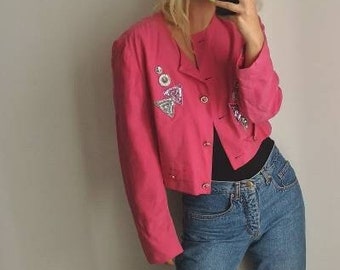 Hot Pink Silk Jacket / Silk Jacket / Hot Pink Jacket / Embroidery Silk Jacket / 80's Style Jacket / Hot Pink Blouse / Embroidery Blouse