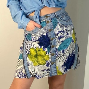 Desiqual Floral Denim Boho Skirt / Colorful Summer Skirt / Holiday Clothing / Hippie Bohemian Skirt / Blue Flower Skirt / Mini Summer Skirt