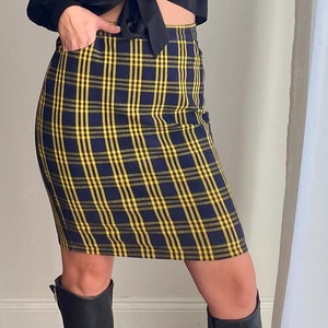 Made in France Cacharel Pocket Pencil Skirt / Check Office Skirt / Designer Skirt / Blue & Yellow Pencil Skirt / Classic Style Checked Skirt