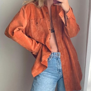 Orange Suede Leather Shirt / Oversized Fit Leather Shirt / Bohemian Brown Suede Shirt / Orange Suede Shirt / Suede Leather Brown Blouse