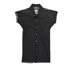 May include: A black sheer button-up shirt with short sleeves. The shirt has a delicate, almost see-through texture.