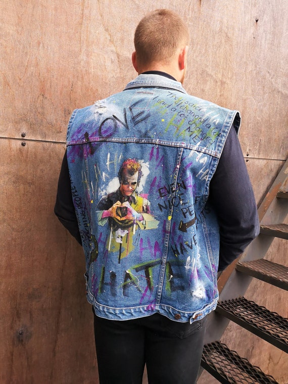 Gilet en denim peint a la main Veste en denim personnalisee Veste Joker Joker Denim Vest Joker Hand Painted Denim Painted Large Denim Jacket Etsy France