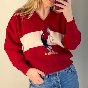 Spence Of Huntly Embroidered Golf Jumper / Winter Lambs Wool Sweater / Wool Pullover / Lambs Wool Sweater / Red Wool Sweater