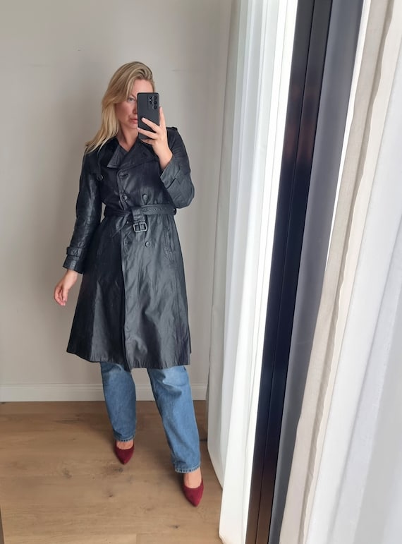 Black Belted Leather Trench Coat Real Leather Coat Long Leather Coat Minimalist Leather Jacket Long Leather Jacket Leather Trench Etsy Canada