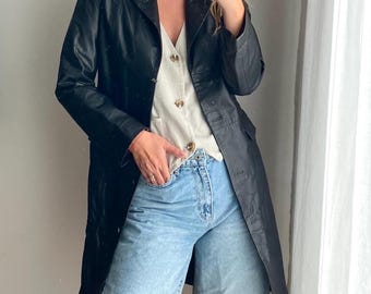Black Real Leather Jacket / Real Leather Coat / Leather Button Jacket / Minimalist Leather Jacket / Long Leather Blazer / Long Leather Coat