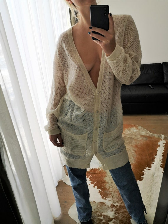 Off-White Mohair Sweater / Long Sheer Sweater / Po