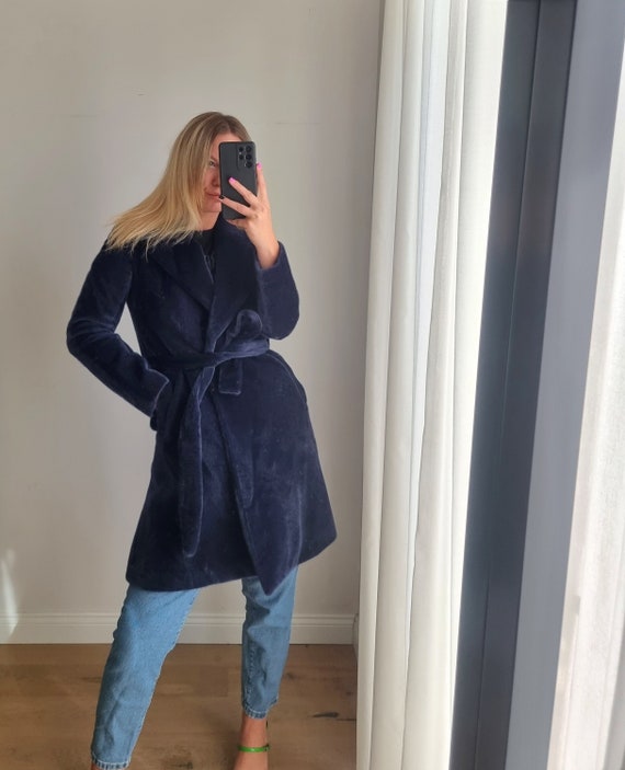 Blauer flauschiger Wollmischung Mantel Wollmischung Wintermantel