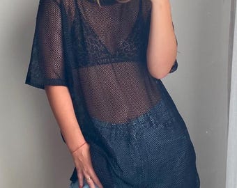 Black Fishnet Crochet Dress Blouse, Sheer Knit Summer Top