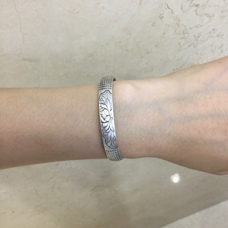 Sterling silver lotus bracelet Lotus Cuff bracelet Sterling Silver Mantra Bracelet Meditation Bracelet