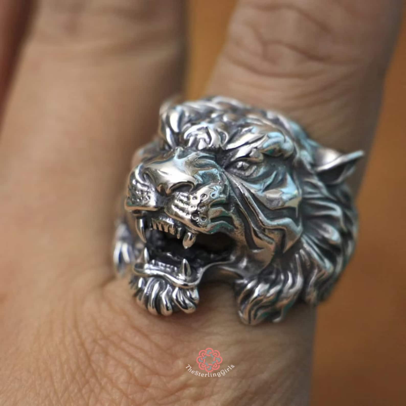 Tiger Ring Sterling Silver Mens Tigers Head Ring Lion Ring 925 Etsy
