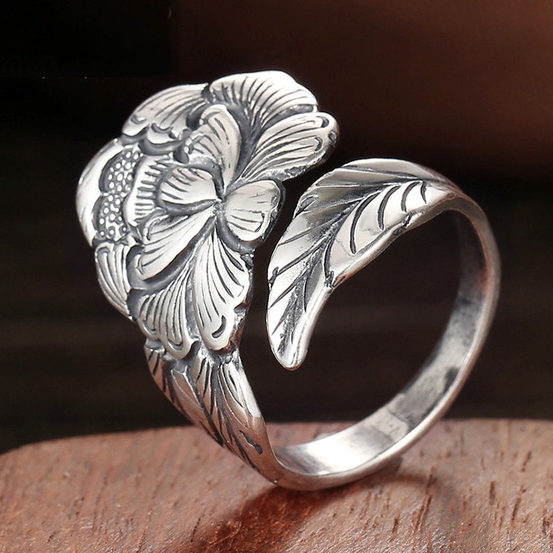 Sterling Silver Spoon Ring Peony Ring Adjustable Silver Ring Etsy