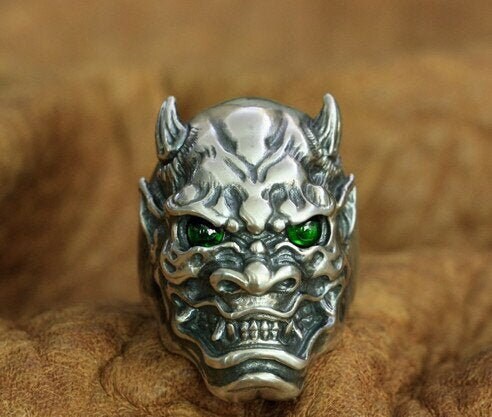 Handmade 925 Silver Japanese Oni Noh Hannya Ring Gothic Punk Lion Noh Mask Rings 