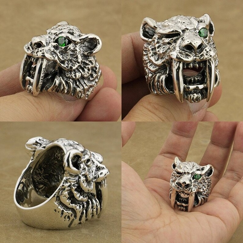 Tiger Ring Sterling Silver Mens Tigers Head Ring Lion Ring Etsy