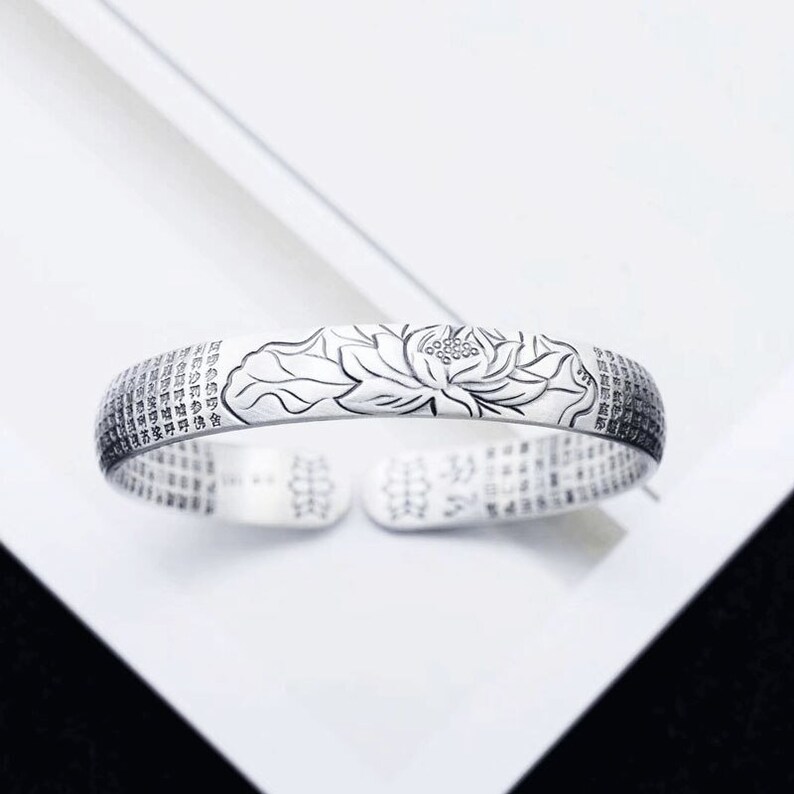Sterling silver lotus bracelet Lotus Cuff bracelet Sterling Silver Mantra Bracelet Meditation Bracelet