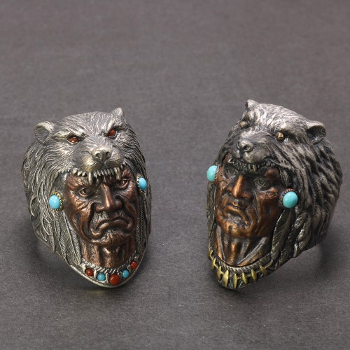 Native America Indian Jewelry Indian Chief shops Ring Indian Ring Native American Ring Sterling Silver Turquoise Indian Chief Wolf Ring