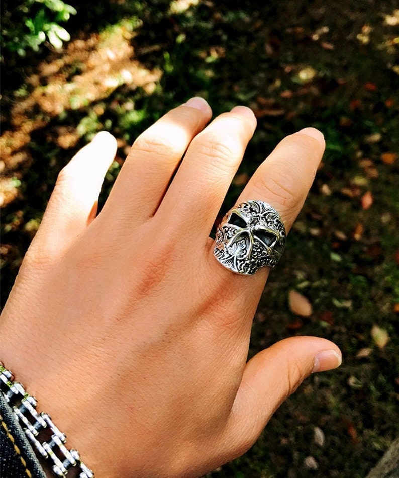 Sugar Skull Ring for Men Sterling Silver Mexican Skull Ring Etsy