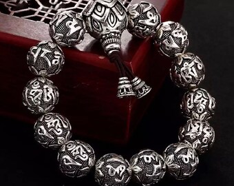 12mm 14mm Men's Natural Black Agate Round Beads Six word Proverbs Bracelet 12mm 14mm Men's Natural Black Agate Round Beads Six word Proverbs Bracelet