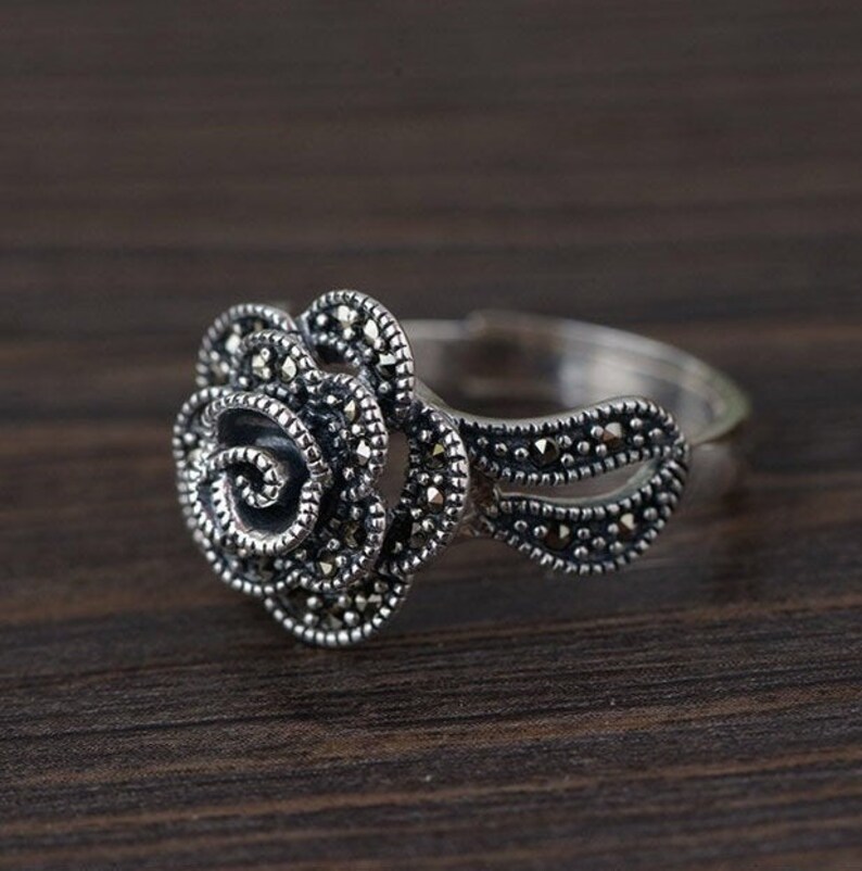 Meditation Jewelry adjustable marcasite ring Sterling Silver Rose Ring for Women
